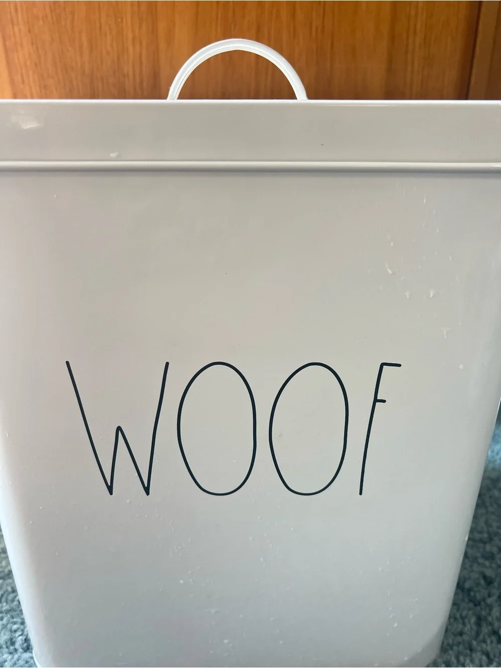 Rae Dunn White 'WOOF' Metal Dog Treat Canister Toy Container